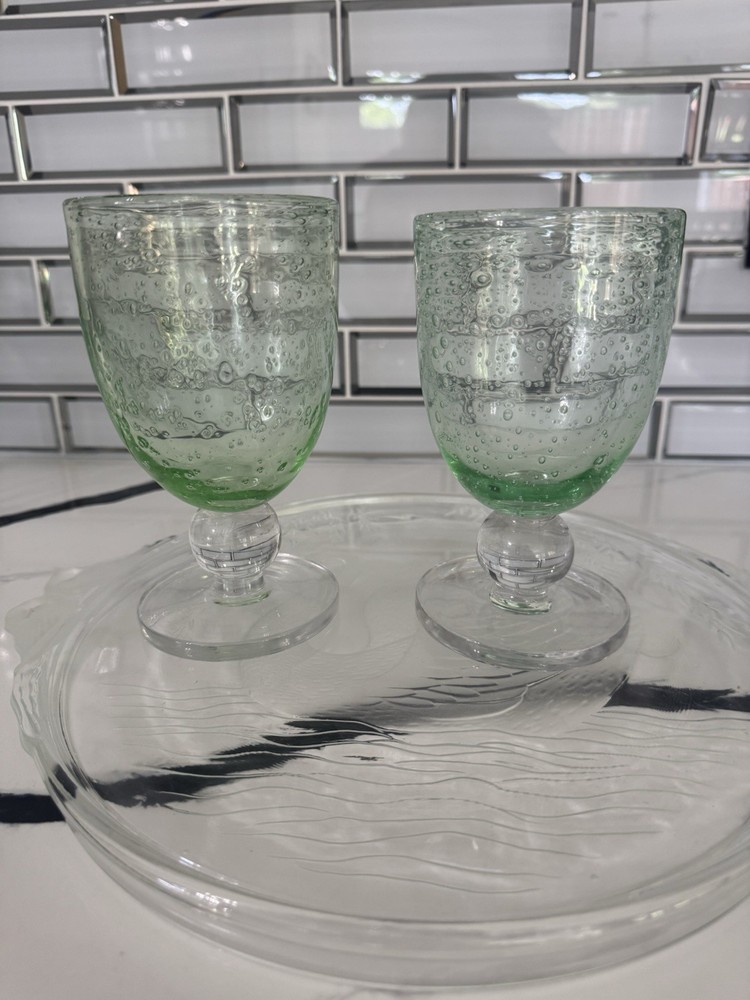 Set of 2 Clear Green Bubble Glass Stemmed Goblets