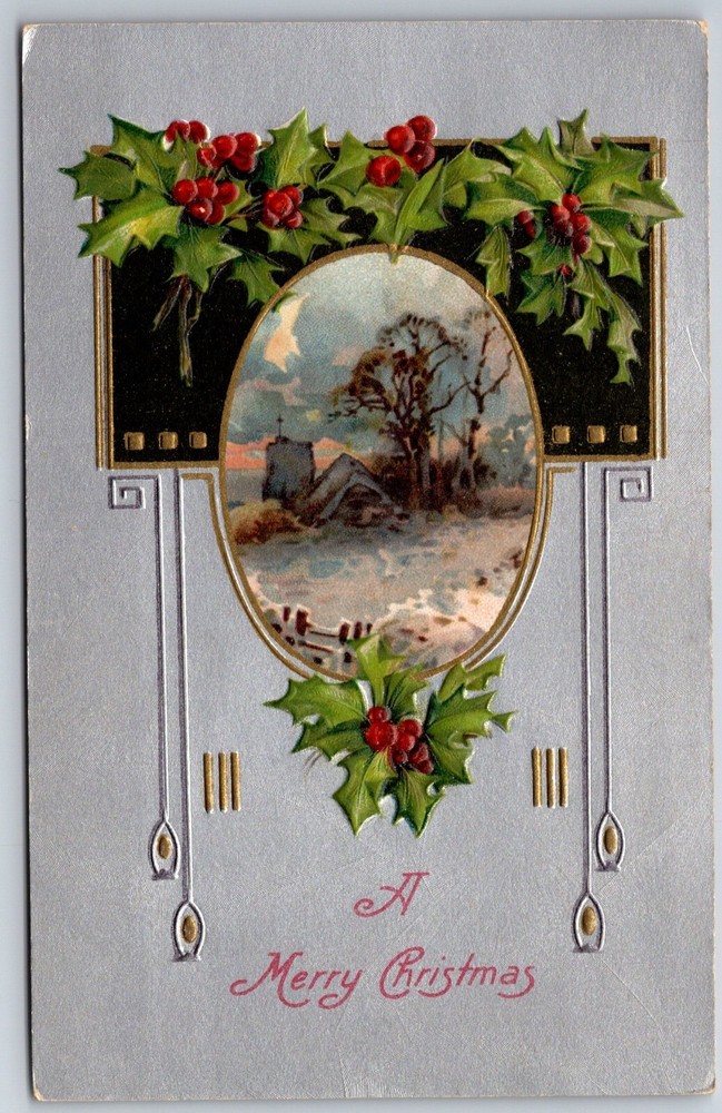 A Merry Christmas~Winter Landscape In Oval Frame W/ Holly~Emb~Vintage Postcard