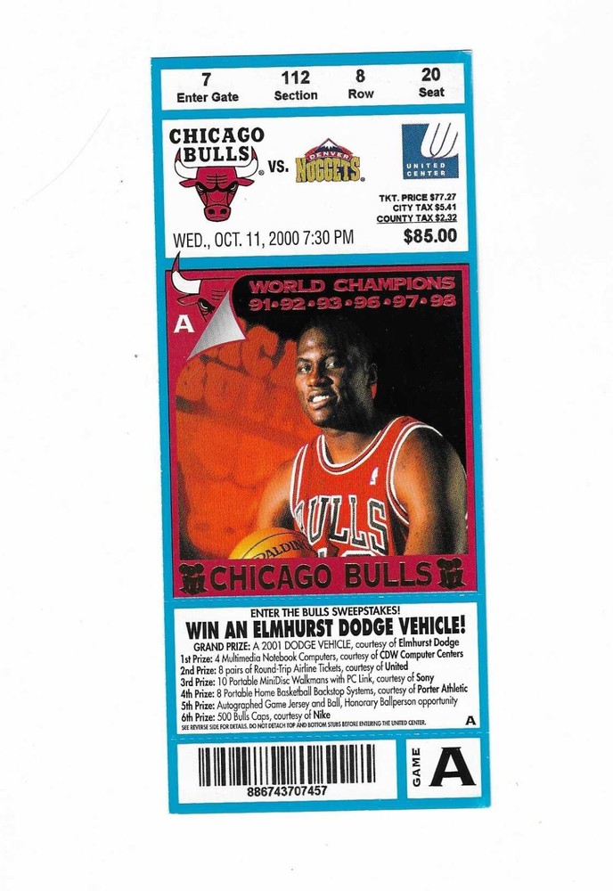 Chicago Bulls vs Denver Nuggets unused Basketball Ticket from 10/11/2000