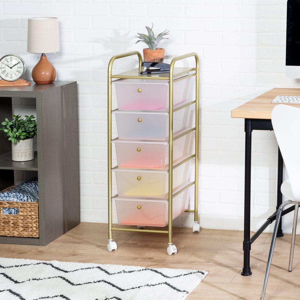Plastic and Steel Rolling 5-Drawer Storage Cart with 1 Shelf Clear/Gold