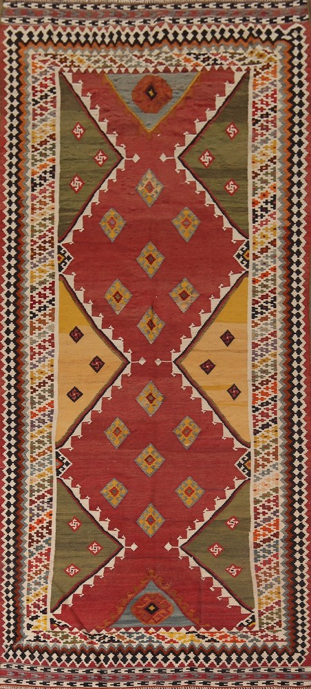 Antique Vegetable Dye Kilim Runner Rug 4x11 Flat-Weave Reversible Wool Carpet