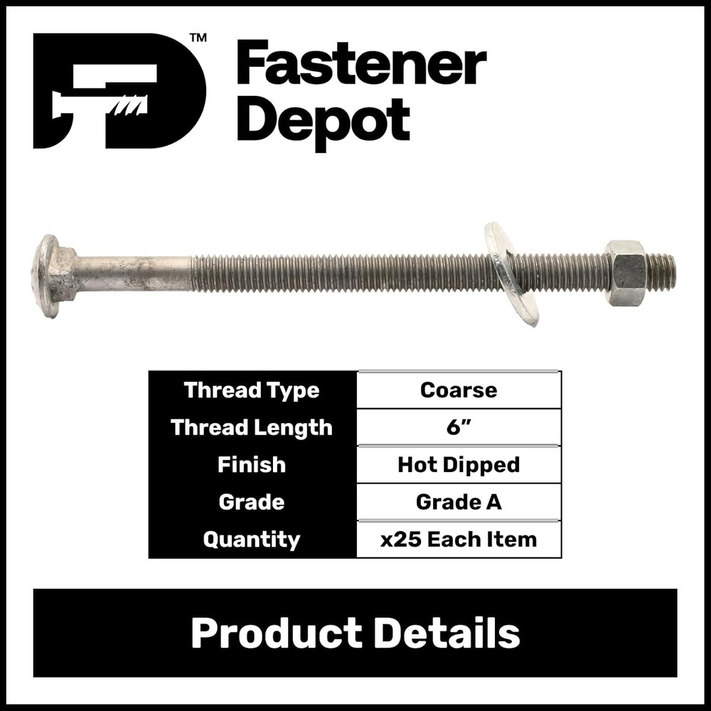 1/2”-13 x 9-1/2” Hot Dipped Galvanized Carriage Bolt Kit w/ Nuts & Washers (25x)