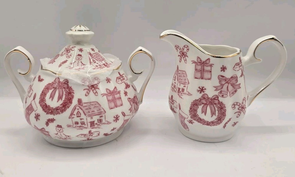 Grace Teaware Christmas Red & White Toile Sugar & Creamer Set W/Gold Rim Wreath