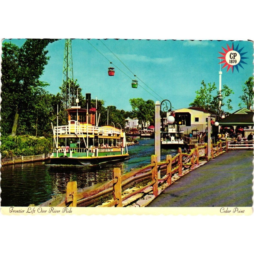 Vintage Cedar Point Postcard Frontier Lift Over River Ride Sandusky Ohio Chrome