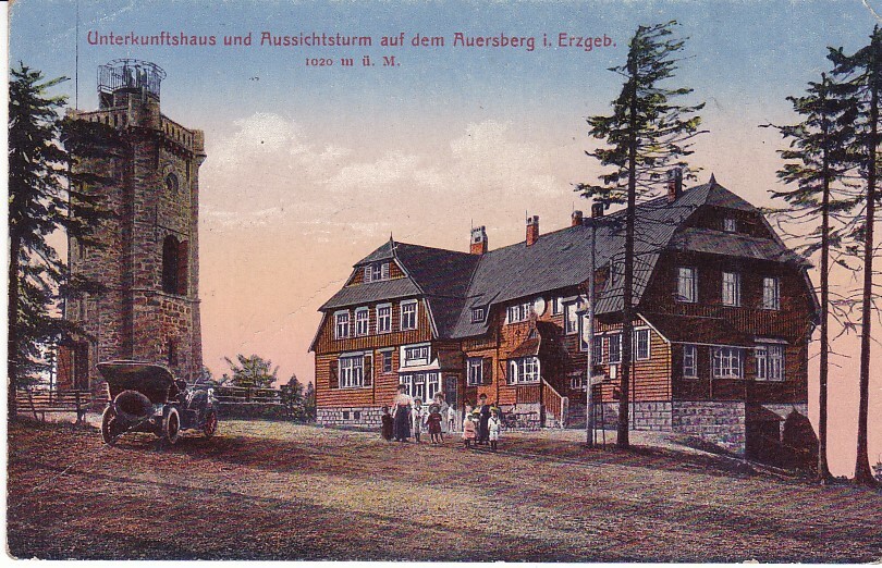 ancient postcard accommodation house and lookout tower Auersberg Erzgebirge 1921 // 52-image