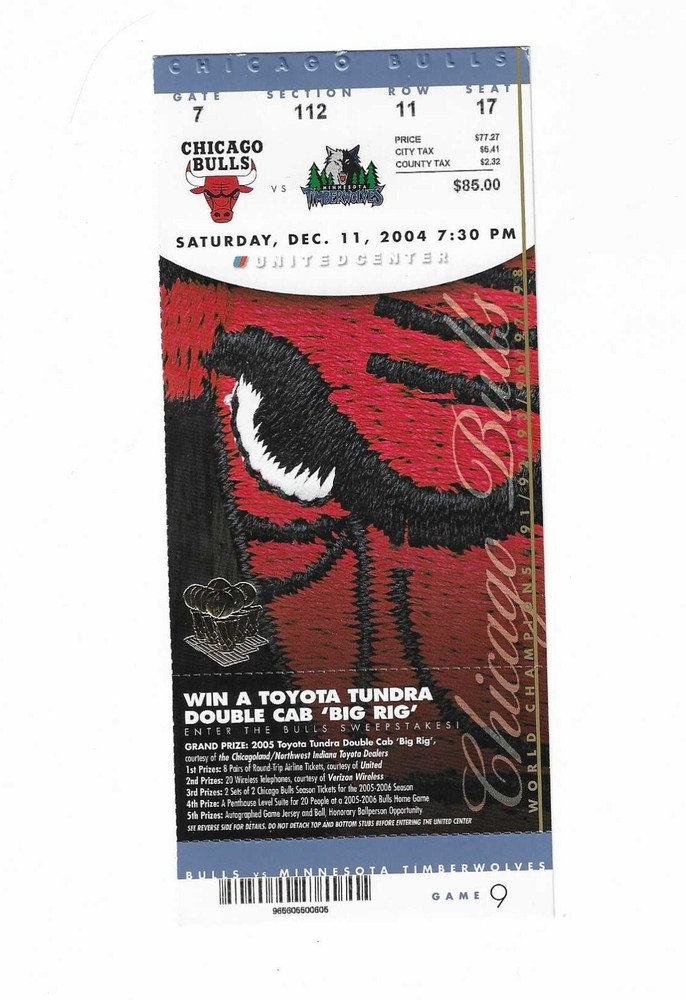 Chicago Bulls vs Minnesota Timberwolves Unused Basketball Ticket from 12/11/2004