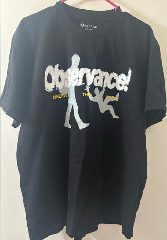 AIMLAB Observarnce Graphic Logo Print T-Shirt Black Men's L Crew Neck Cotton