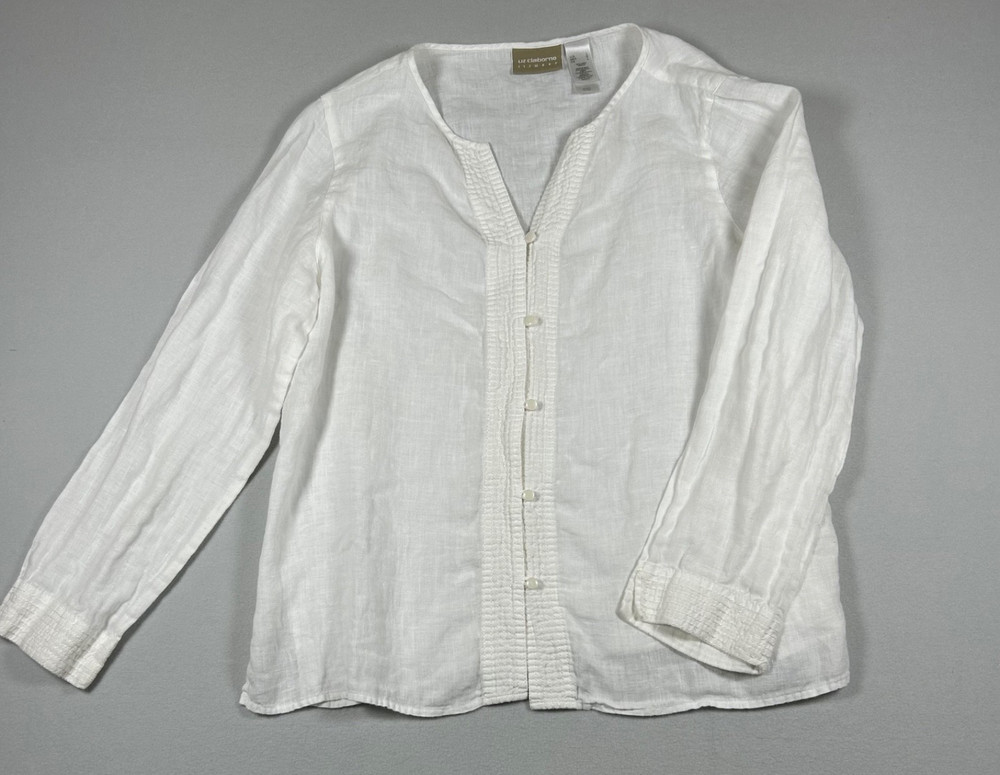 Liz Claiborne Lizwear Womens Linen Blouse White Long Sleeve Button Front Size L