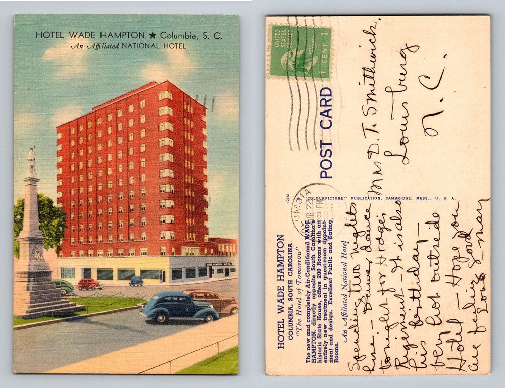 Columbia, SC-South Carolina, Hotel Wade Hampton Hotel Vintage c1944 Postcard