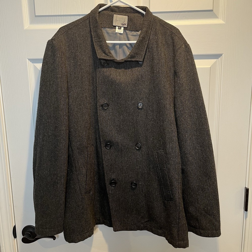 Men's Gray Double Breast Wool Blend Pea Coat Size XL Herringbone Tweed