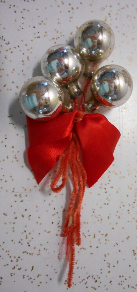 4 VTG Christmas Mini Silver Mercury Blown Glass Ornaments Chenille Feather Tree