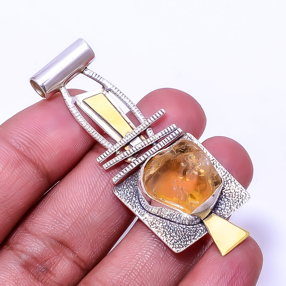 Natural Citrine Brazilian Sterling Silver Two Tone Designer Pendant 2.34 Inches P49