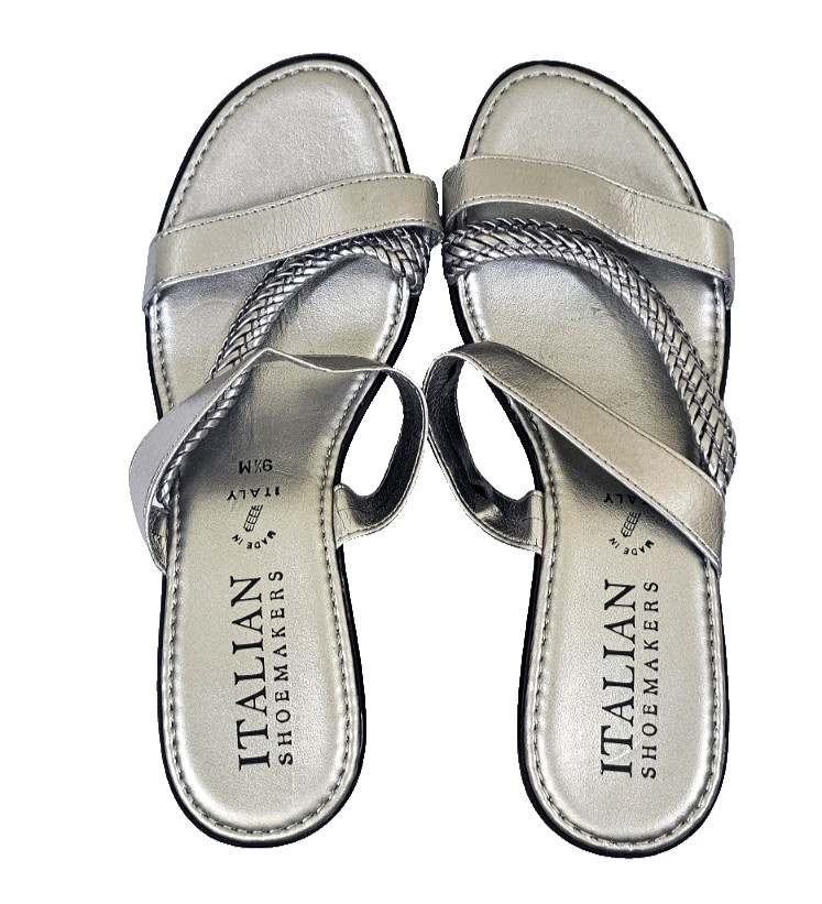 Women's Size 9.5M Italian Shoemakers Silver Open-Toe Heeled Sandals - Italy
