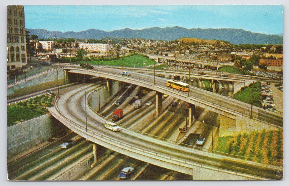 Los Angeles California~Air View Harbor Freeway North From 6th~Vintage Postcard