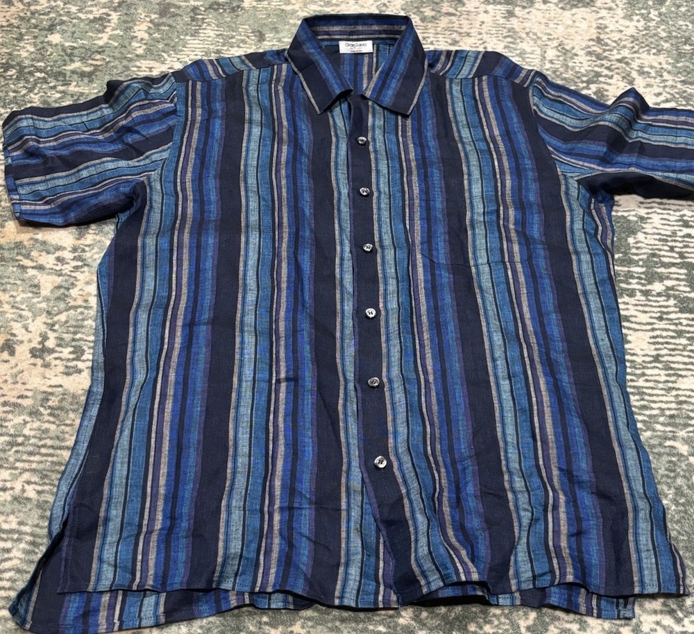 Vintage Gran Sasso Italy Linen Shirt  Large Vertical Shadow Stripe blues