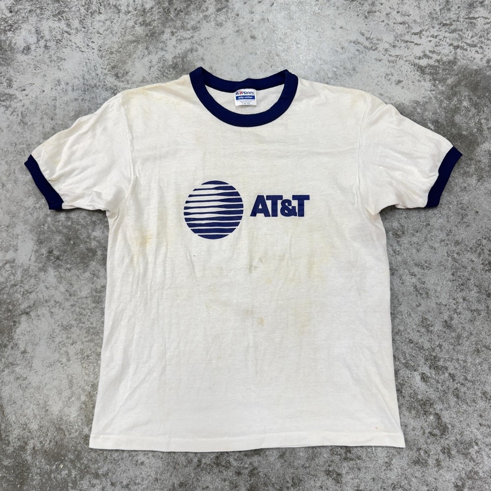 Vintage AT&T Shirt Mens Large White Blue Ringer Hanes 80s Promo Logo Made USA
