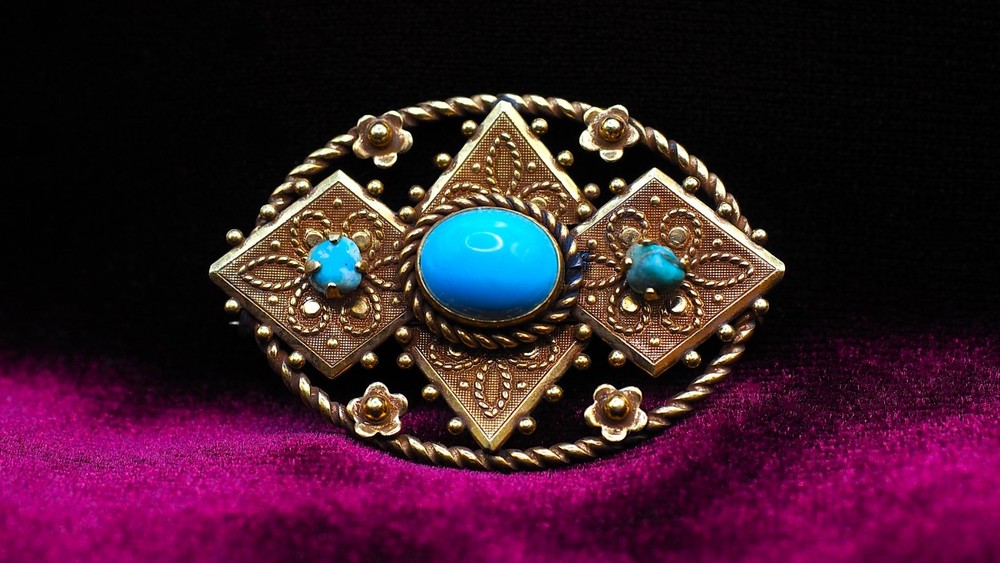 Vintage - 12k Gold Filled - Victorian Inspired - Ornate Faux Turquoise Brooch