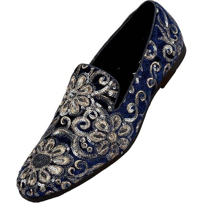 Amali Men's US 12 Navy Velvet Embroidered Sequin Smoking Loafers Slip On Shoes