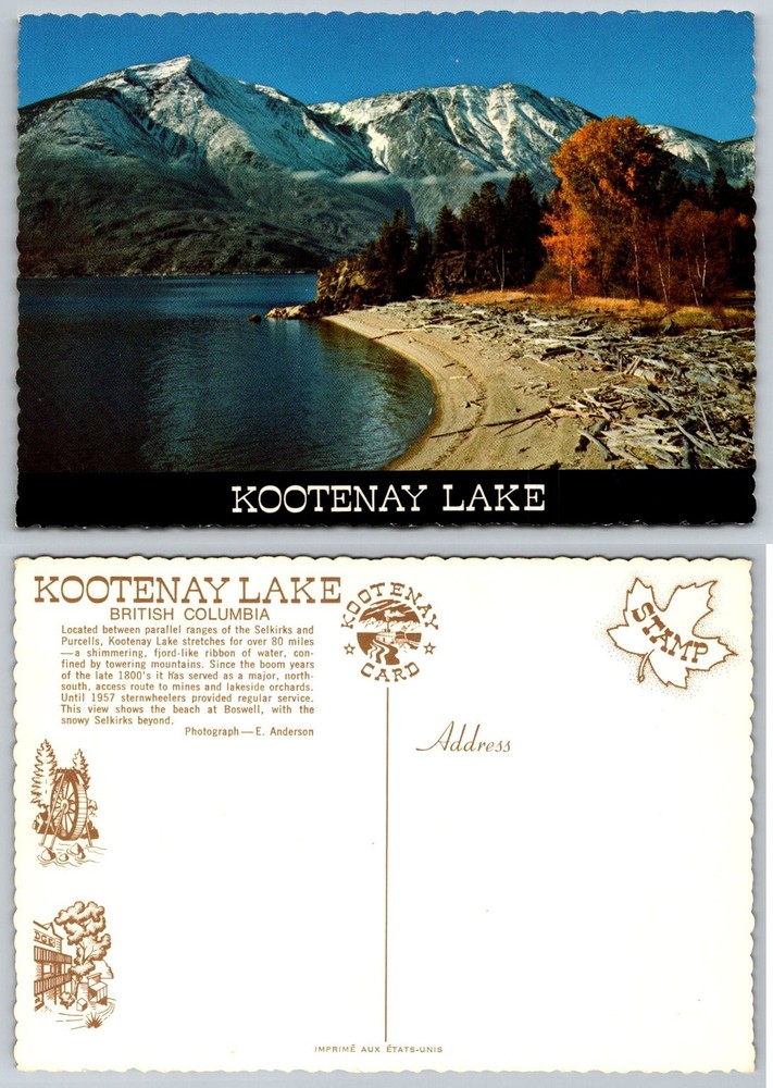 Vintage Kootenay Lake BC Postcard Boswell Beach Snowy Selkirks Autumn