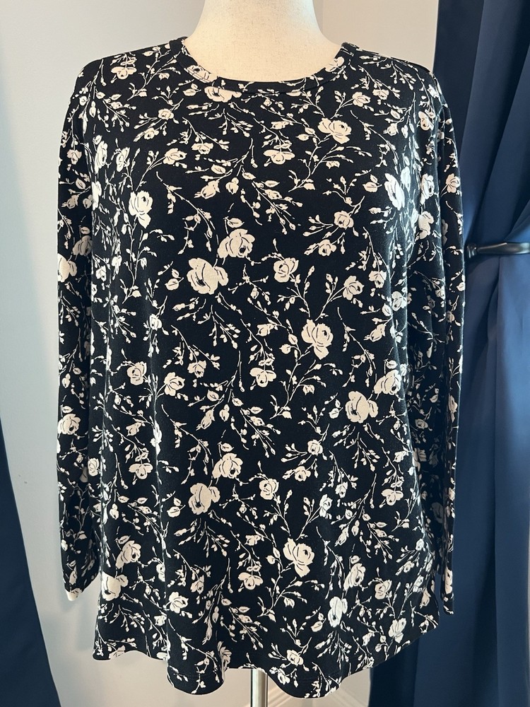 LAUREN RALPH LAUREN  Women's 3X Top Long Sleeve Black White FLORAL Cotton Shirt