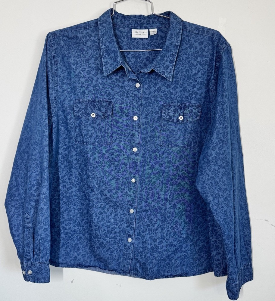 Vermont Country Store Floral Chambray Long Sleeve Button Up Shirt 1X Cottagecore