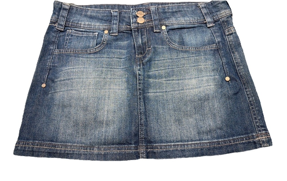 Vintage 90s Y2K Roxy Medium Wash Zippered Pockets Low Rise Jean Mini Skirt 7