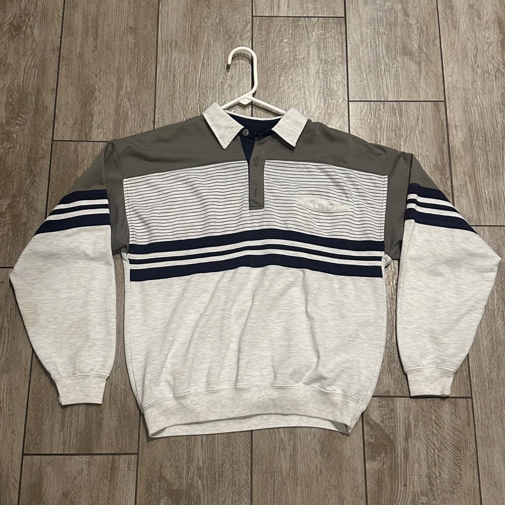 Vintage 90s Long Sleeve Polo Gray Blue Striped Collared Shirt Honors MED