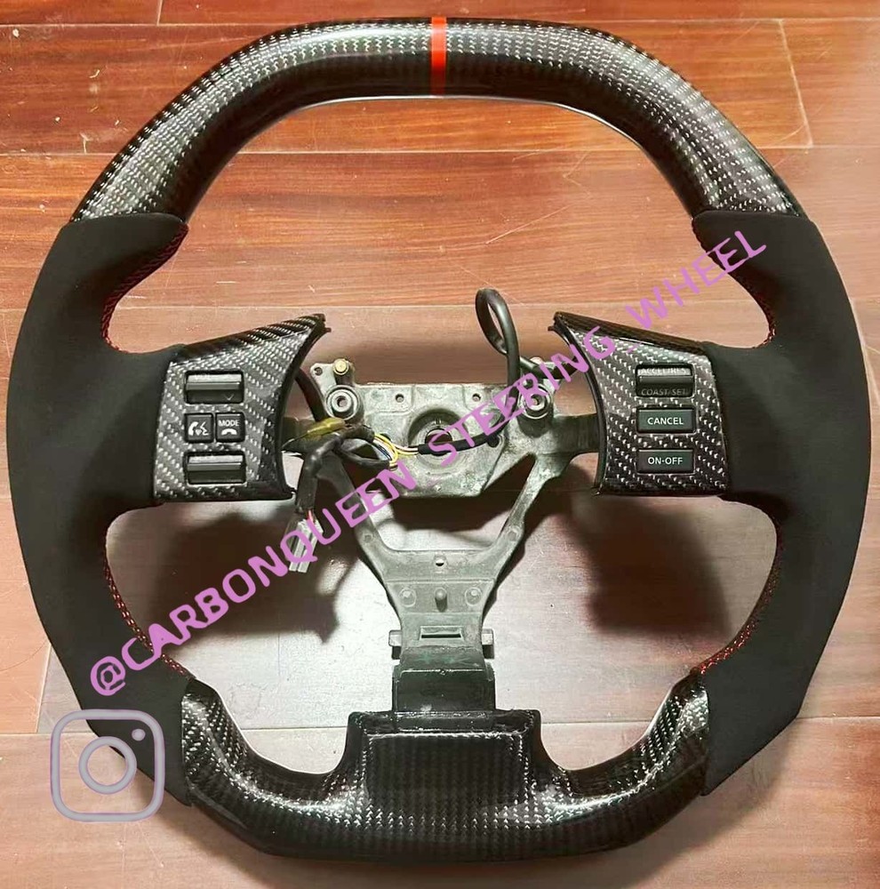 REAL  CARBON FIBER Steering Wheel FOR NISSAN 350Z/FX35+BUTTONS+FLAT TOP/RED