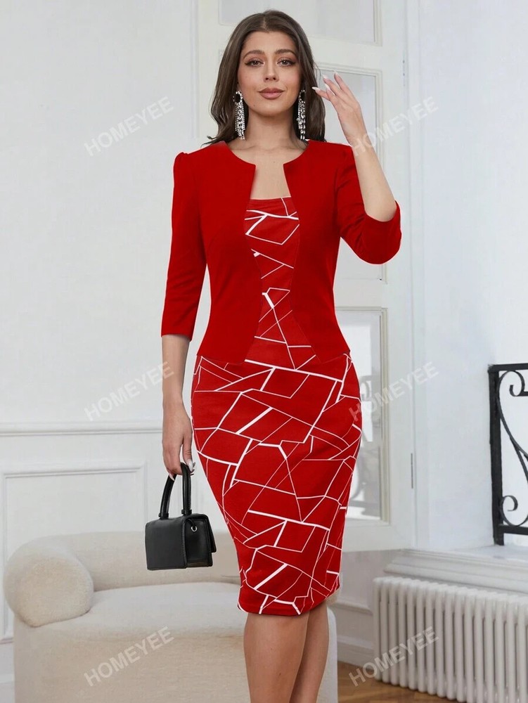 HOMEYEE Women's 2XL Printed Patchwork Elegant Striped Red Pencil Dress With 2 In