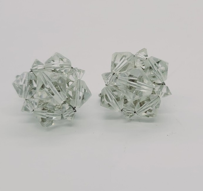 Flower Crystal Cluster Clip on Earrings Faceted Beaded Laguna Signed vintage