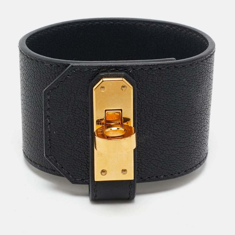 Hermes Kelly Twist Black Leather Gold Plated Large Bracelet