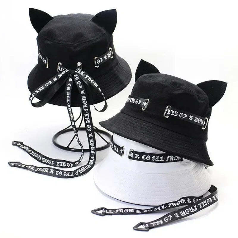 Cute Cat Ears Bucket Hat - Solid Color Sun Hat Unisex Streamer Casual Basin Cap