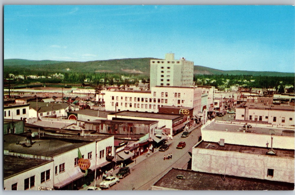 C1950 Fairbanks Birdseye View Second Ave Model Cafe Alaska Postcard