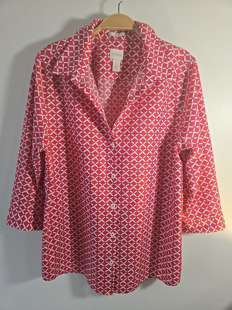 Chico's No Iron Hot Pink Geo Button Down Shirt Blouse Size 2 Large 3/4 Sleeve