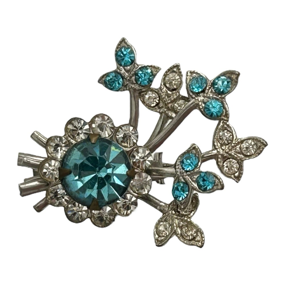 Vintage Silver Tone Blue & White Rhinestones Flower Brooch Pin
