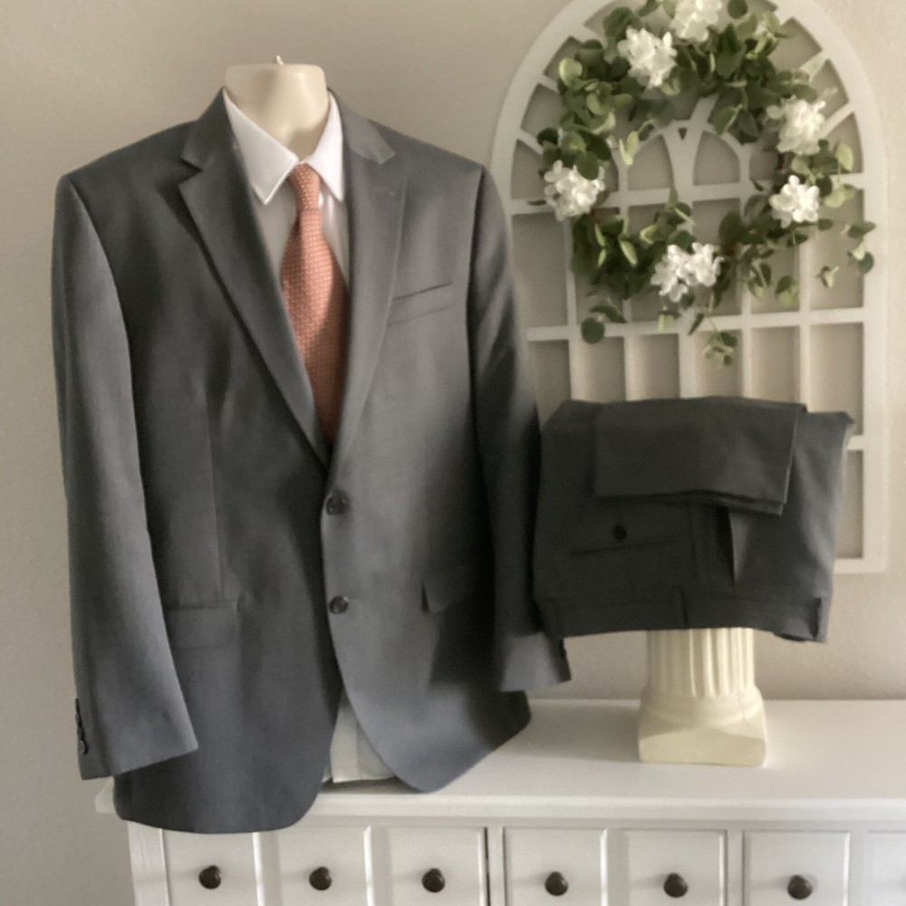 CHAPS RALPH LAUREN 2 BTN POLY BLEND 2 Pc Suit 44L 34X32 MED GRAY HERRINGBONE