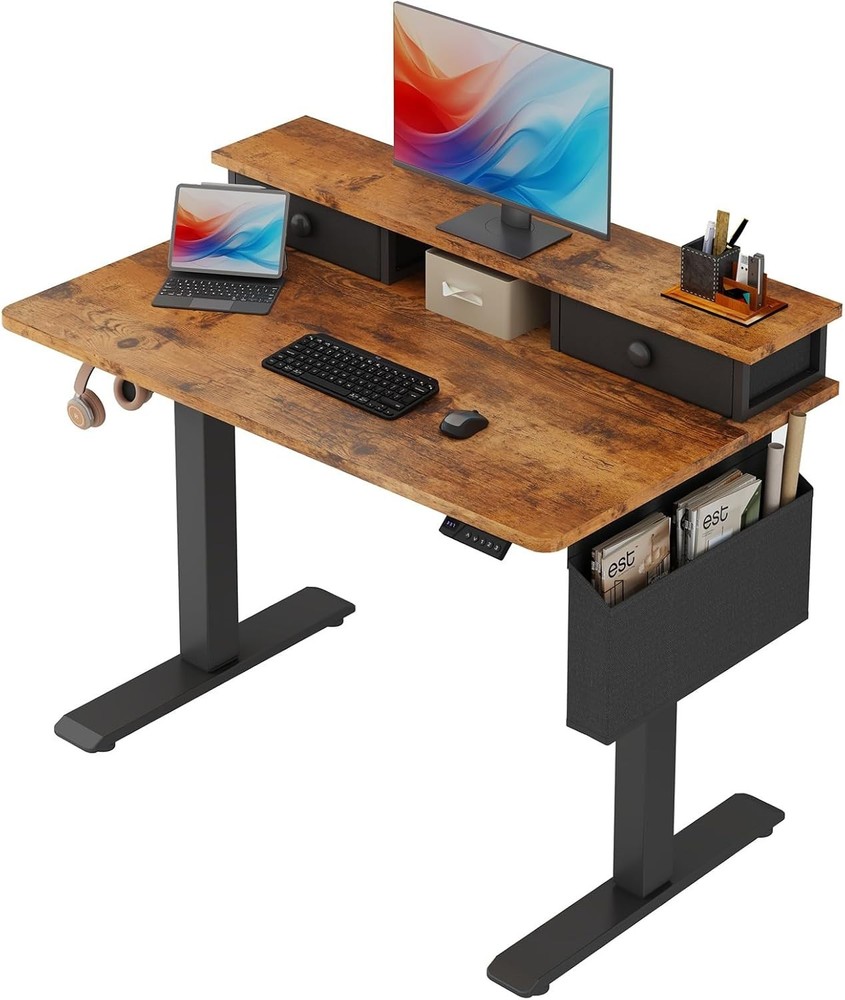 40 Inch Electric Standing Desk with Drawers, Rustic Brown, for Home Office