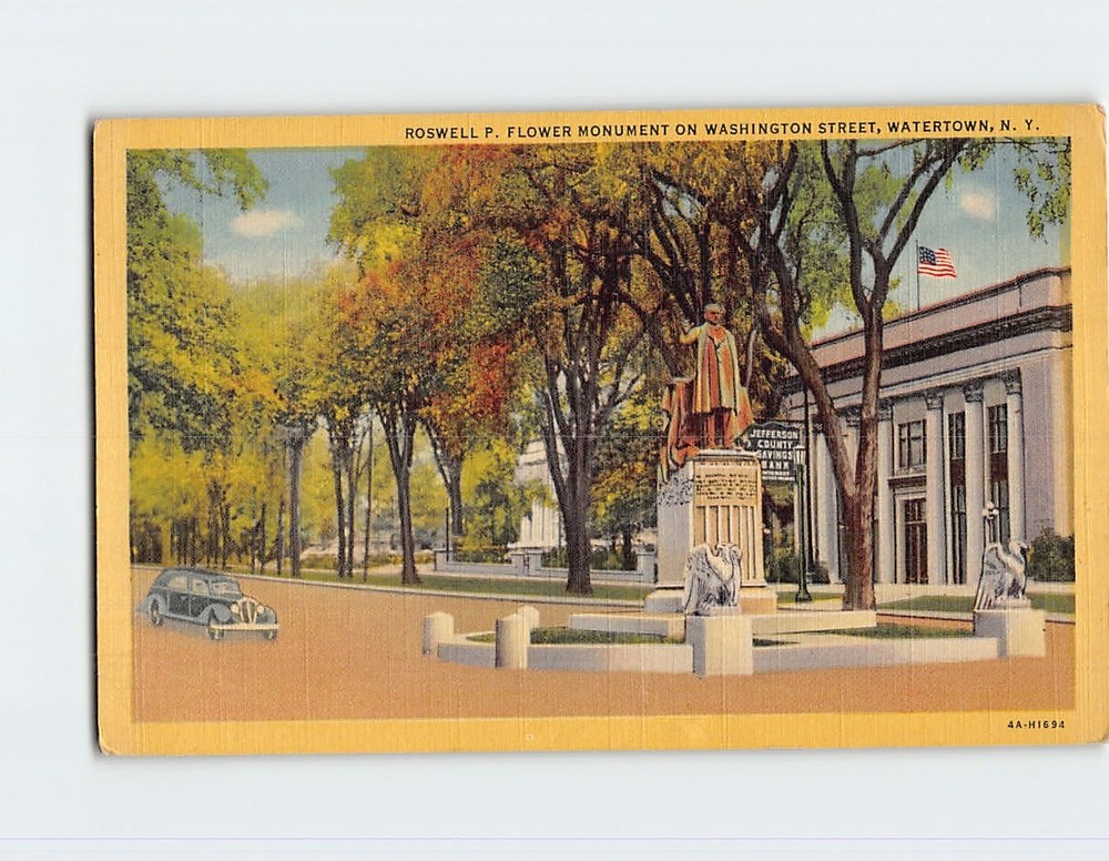 Postcard Roswell P. Flower Monument on Washington Street Watertown New York USA