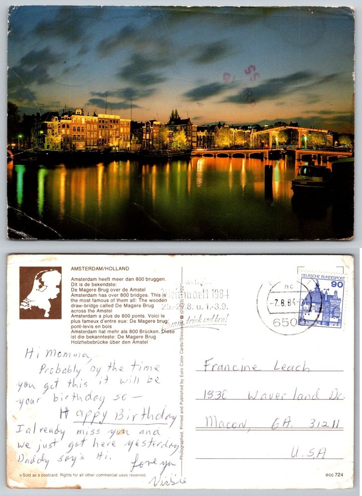 Vintage 1984 Amsterdam Magere Brug Skinny Bridge Night View Postcard Posted