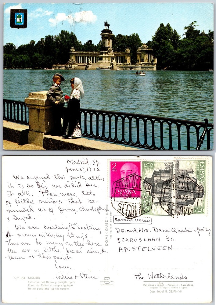 Continental Madrid Spain Park Monument Postcard