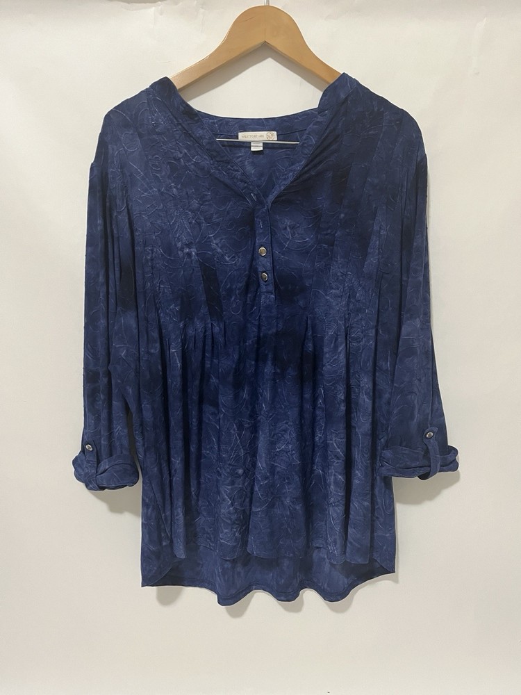 Westport Womens Blouse 3/4 Sleeve Roll Tab Blue Marble Watercolor Artsy Size 2X