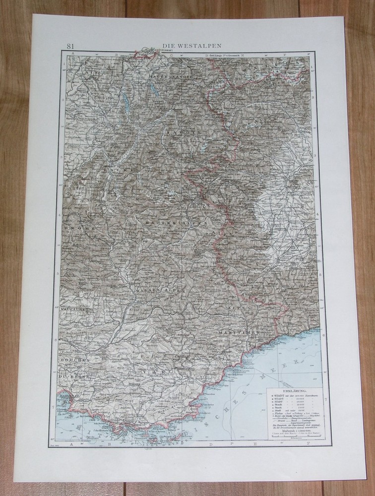 1896 Original Antique Map Of Western Alps / France Alpes Cote D'azur Italy