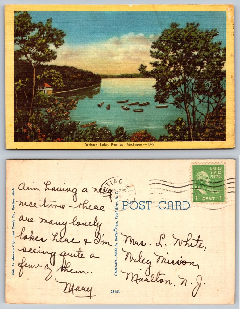 Orchard Lake Pontiac Michigan Boats Trees Postcard