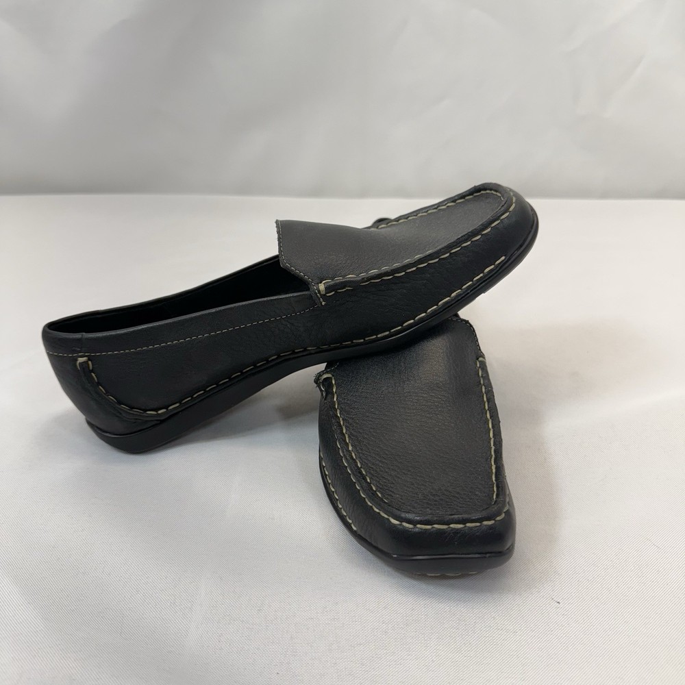 Liz Claiborne Black Leather Mod Toe Loafers Women's 7.5 Contrast Stitch Driving