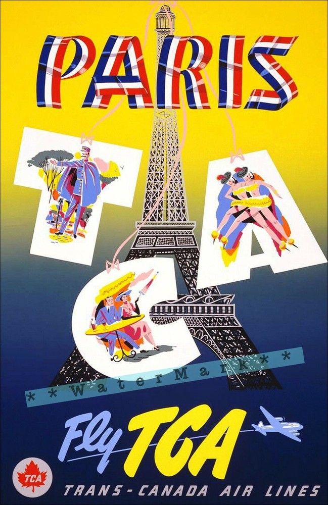 Paris France 1954 Fly TC Air Vintage Poster Print Wall Decor Air Travel Art Deco