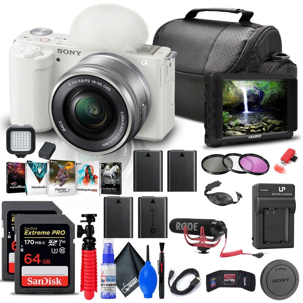 Sony ZV-E10 Mirrorless Camera with 16-50mm Lens + 4K Monitor + Pro Mic + More