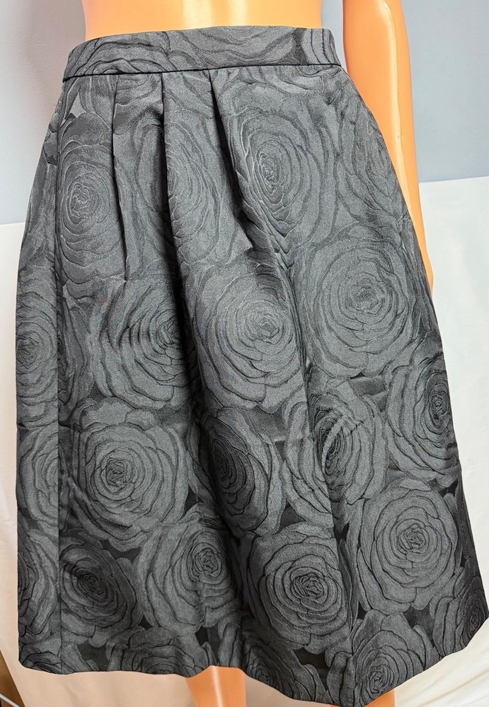 Calvin Klein Skirt NWT 8 Black Floral Rose Jacquard Pleated A-Line Midi Formal