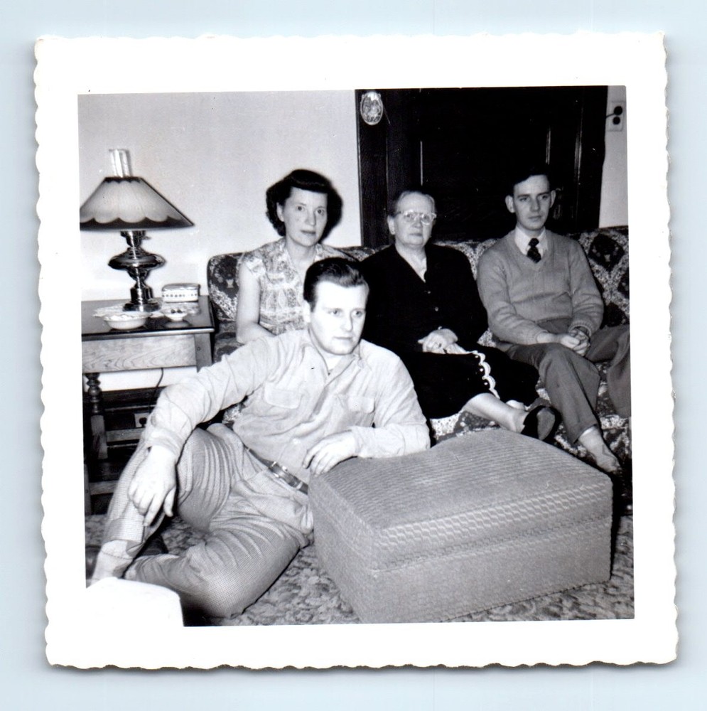 Old Vintage Square Photo MEN WOMEN SITTING IN LIVING ROOM SNAPSHOT PIC