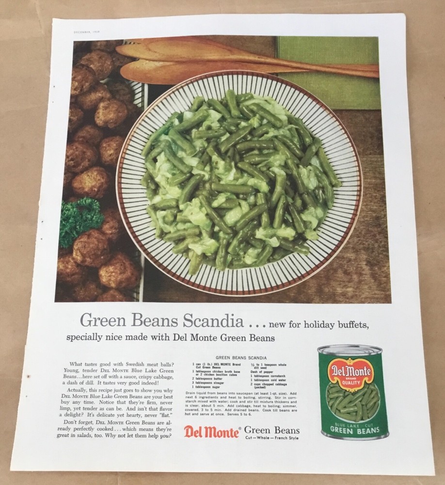 Del Monte green beans print ad 1959 orig vintage 50s retro food art decor recipe