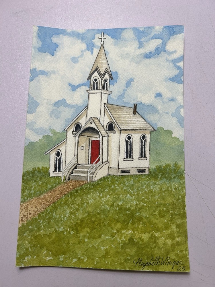 6x9 Original Watercolor Painting On Paper Church Elizabeth Winegar Free Shipping